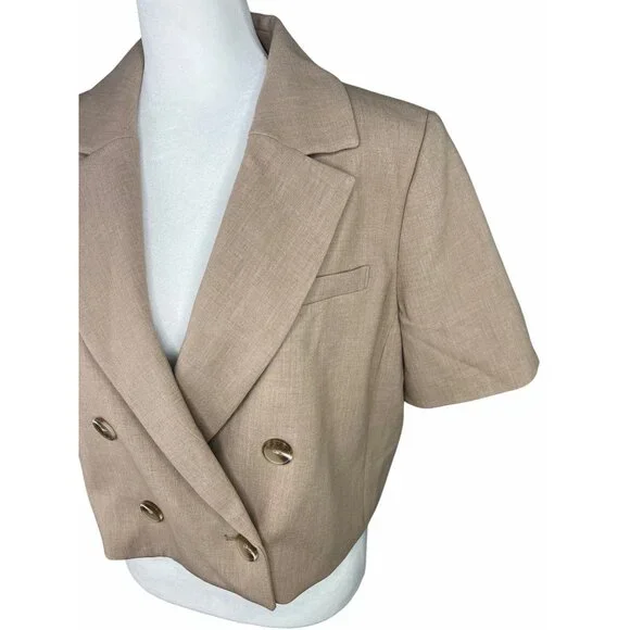 Anthropologie Maeve Beige Double-Breasted Cropped Blazer Short Sleeve Size US 14 - Picture 6 of 16